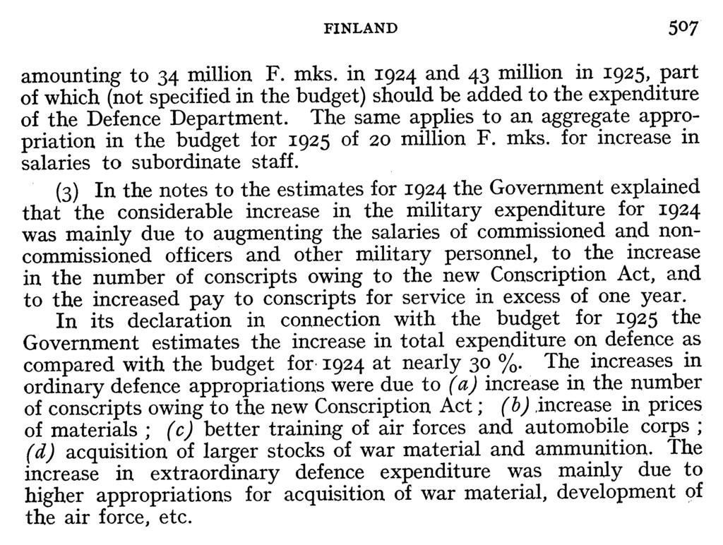 FINLAND 507 amounting to 34 million F. mks. in 1924 and 43 million in 1925, part of which (not specified in the budget) should be added to the expenditure of the Defence Department.