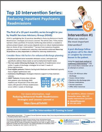 Behavioral Health Readmission Reduction Series: Receive one Intervention per Month Top 10 Interventions Support Related 1) Post-discharge follow-up phone call to client or caregiver by someone known