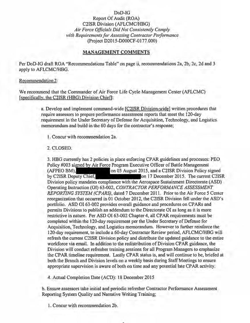 Management Comments Air Force Life Cycle Management Center Command and
