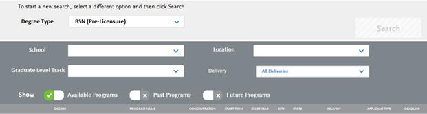 Primary filter of degree type will help the programs list load faster Applicants will be able to search for programs by delivery online, on-campus or hybrid