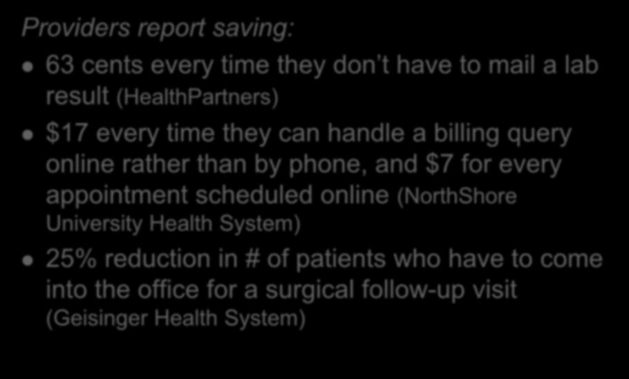 The Value of Patient Portals Providers report saving: 63 cents every time they don t have to mail a lab result (HealthPartners) $17 every time they can handle a billing query online rather than by
