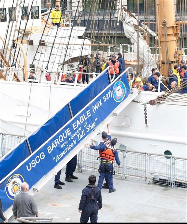 Boarding and Leaving a Vessel When boarding a vessel: Turn to face the stern and salute the ensign before crossing the brow; Then salute the officer of the deck and say Request permission to come