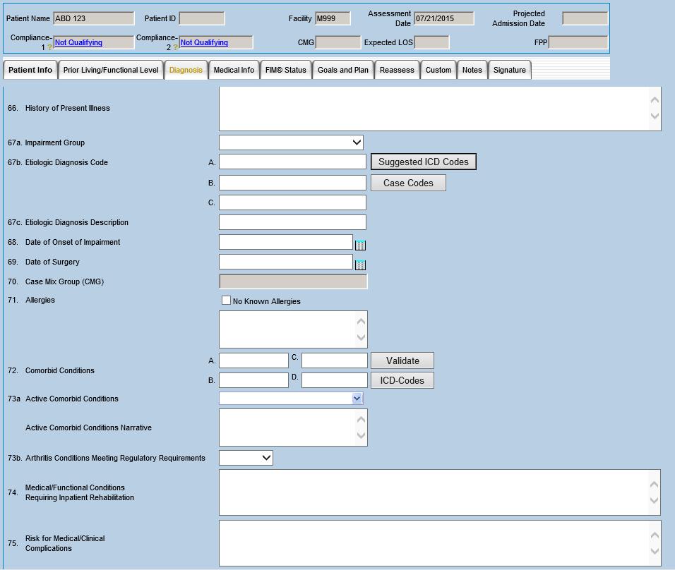 Preadmission Listing dashboard and Diagnosis tab