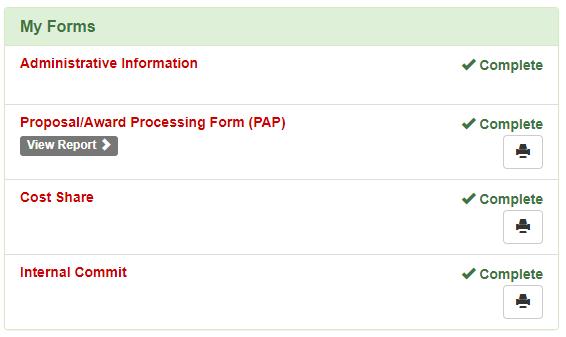 Once you have successfully saved the PAP form, you will be brought to a Proposal Summary page with several sections (see screen capture below).