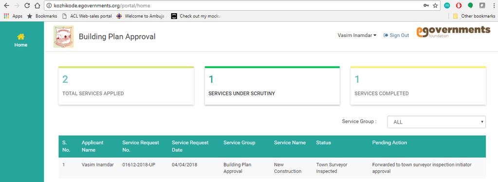 After login into the system the user can clearly see the details of 1) Total Services Applied 2) Services Under Scrutiny 3) Services Completed The user can also view the basic details of the already