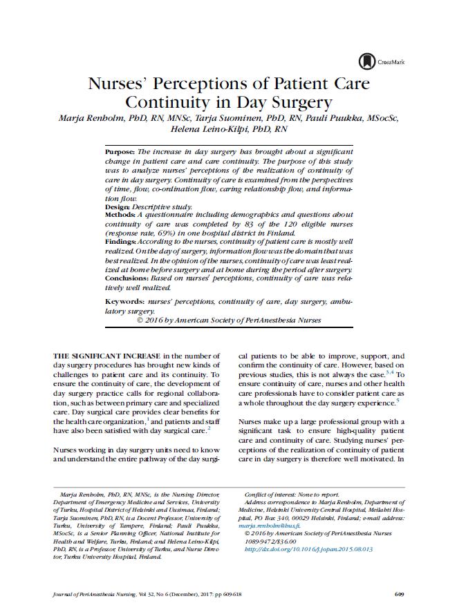 Scholarly Articles Page 6 Nurses Perceptions of Patient Care Continuity in Day Surgery By