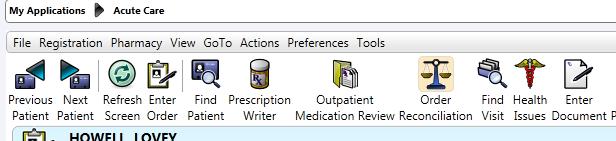 Orders Reconciliation Manager (New MED REC@ADMISSION) SCALE ICON Click on Order Reconciliation SCALE ICON on main toolbar.