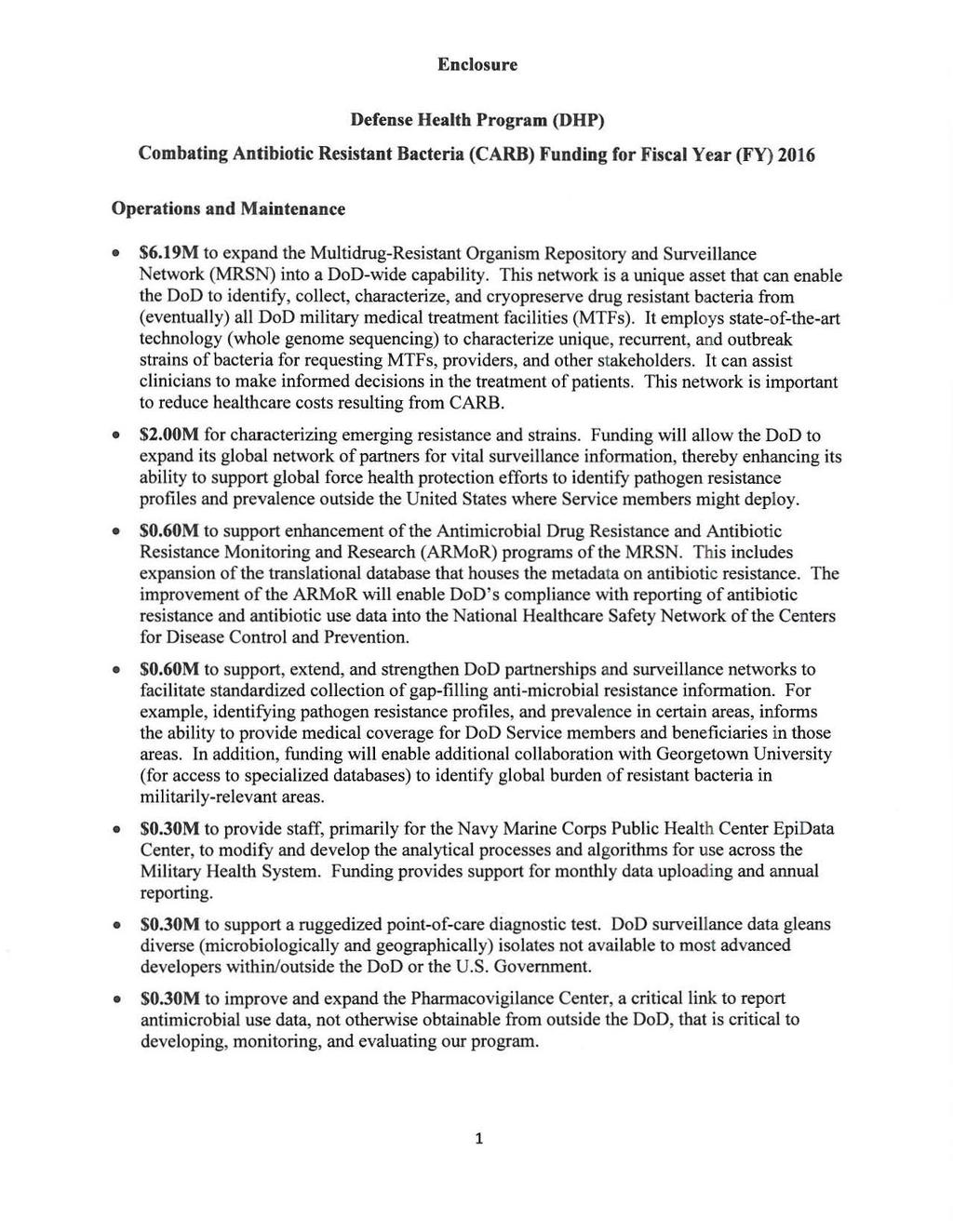 Enclosure Defense Health Program (DHP) Combating Antibiotic Resistant Bacteria (CARD) Funding for Fiscal Year (FY) 2016 Operations and Maintenance $6.