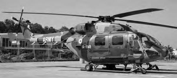ALH Dhruv Type Light utility twin-engine helicopter Max Troops 4-12 Main rotor Diameter 13.2 m No. of blades 4 Tail rotor Diameter 2.55 m No. of blades 4 Length x Width x Height 15.87 x 2.0 x 4.