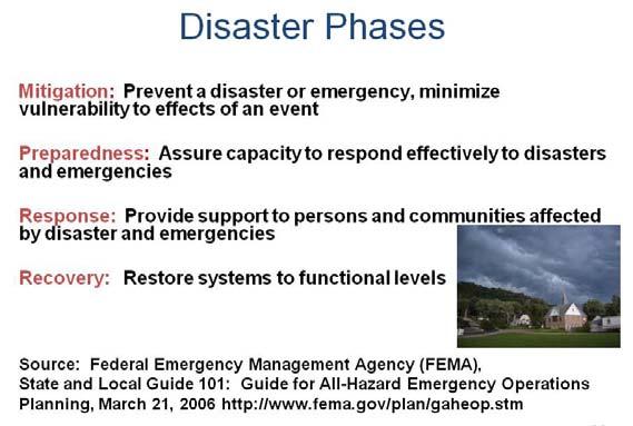 The public health preparedness response to disasters and emergencies is based on the four phases of disasters as