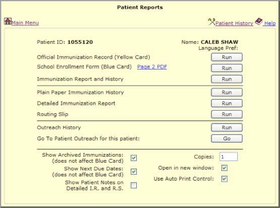 Data entry functions Section 3 Patient reports 1 After entering ALL shot information, click the Report link on the top right of the Patient