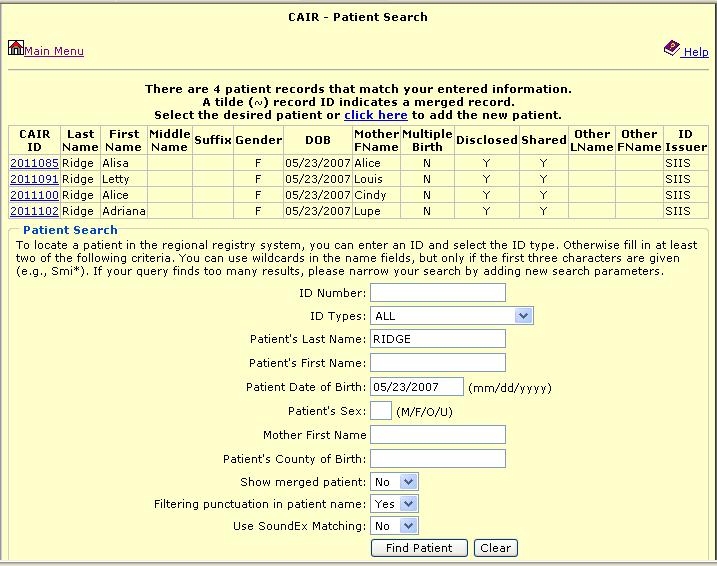 Section 3 Data entry functions Searching for a patient 1 At the top left of the Main Menu screen Click on Patient Search.
