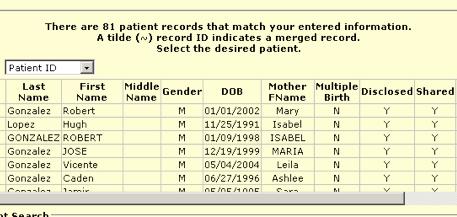 Selecting a patient record If one to ten records match your search crieteria, simply click on the ID link to the left of the patient s name to access their record.