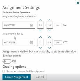 Assignment Settings 1. Select beginning and due dates. This allows you to set up assignments in advance. 2. Turn on Assignment is visible, but not gradable, to students after due date has passed.