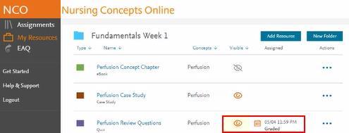 The Nursing Concepts Online items now display. The Assigned column shows that the assignment is created and that the graded option was selected.