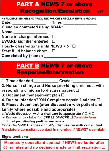 Response/intervention 1. Time attended 2. Nurse in charge and Nurse providing care meet with responding clinician to discuss patient 3. Document management plan 4. Due to infection?