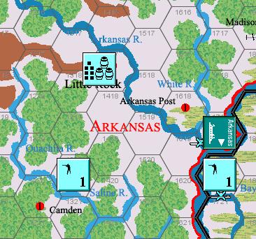 EXAMPLE 9.3.9A: The Confederate 1 SP force is in supply because it can trace a supply line to the depot at Arkansas Post of less than 5 hexes.