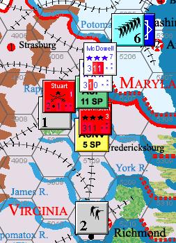 Note that if a battle had occurred in hex 5106, the Army of the Potomac would not have been able to retreat across a navigable river hexside, and would have been eliminated if forced to retreat.