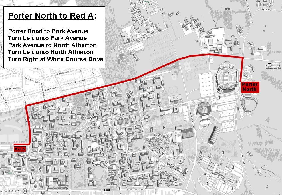 Parking All Bus Loading/Unloading will take place in the Red A Lot. Access to this lot is located off of University Drive on to White Course Drive. School Vans will be permitted in Red A.