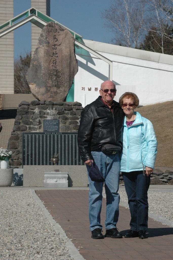 Wayne Mitchell and his wife, Sharon, in front of the White Horse Memorial near Cheorwon, the Republic of Korea, March 10.