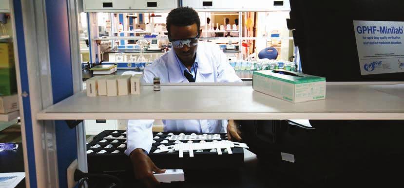 Senior FMHACA analyst, Atlaw Abate uses a Minilab he was trained on at the central laboratory in Addis Ababa PREVENTING AND CONTROLLING SUBSTANDARD AND COUNTERFEIT PRODUCTS Tackling substandard and