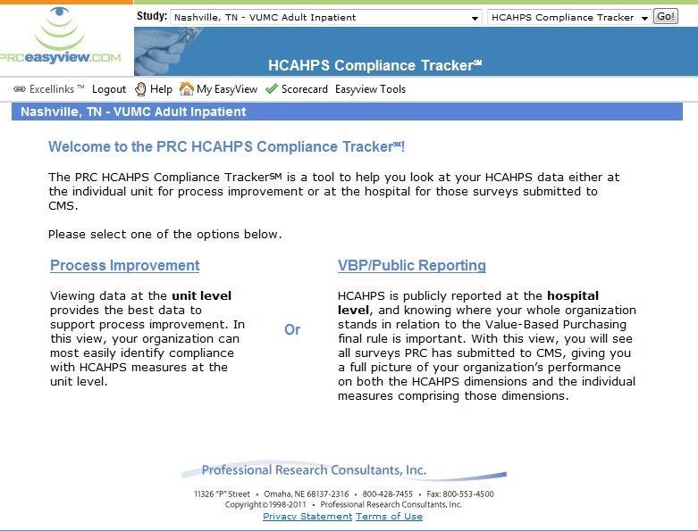 COMPLIANCE TRACKER First Page To select data at the unit level in Adult Inpatient, select Process