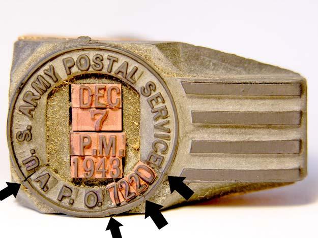 Fig. 7 Reversed close-up of the APO 722D datestamp face. two smaller pieces of the rim were then used below the inserted 722D moveable type. Is this a faked item or was it really ever used?