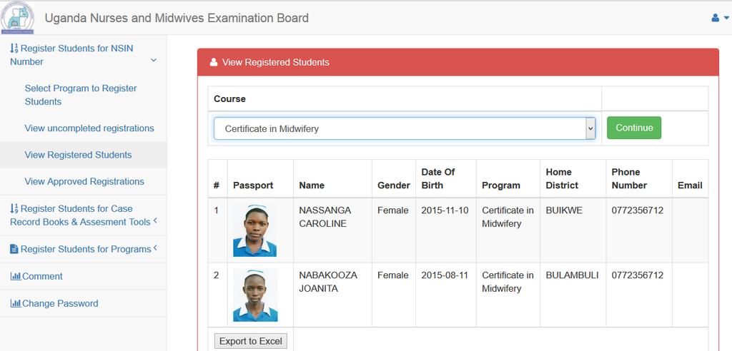 format You can export the list of registered students