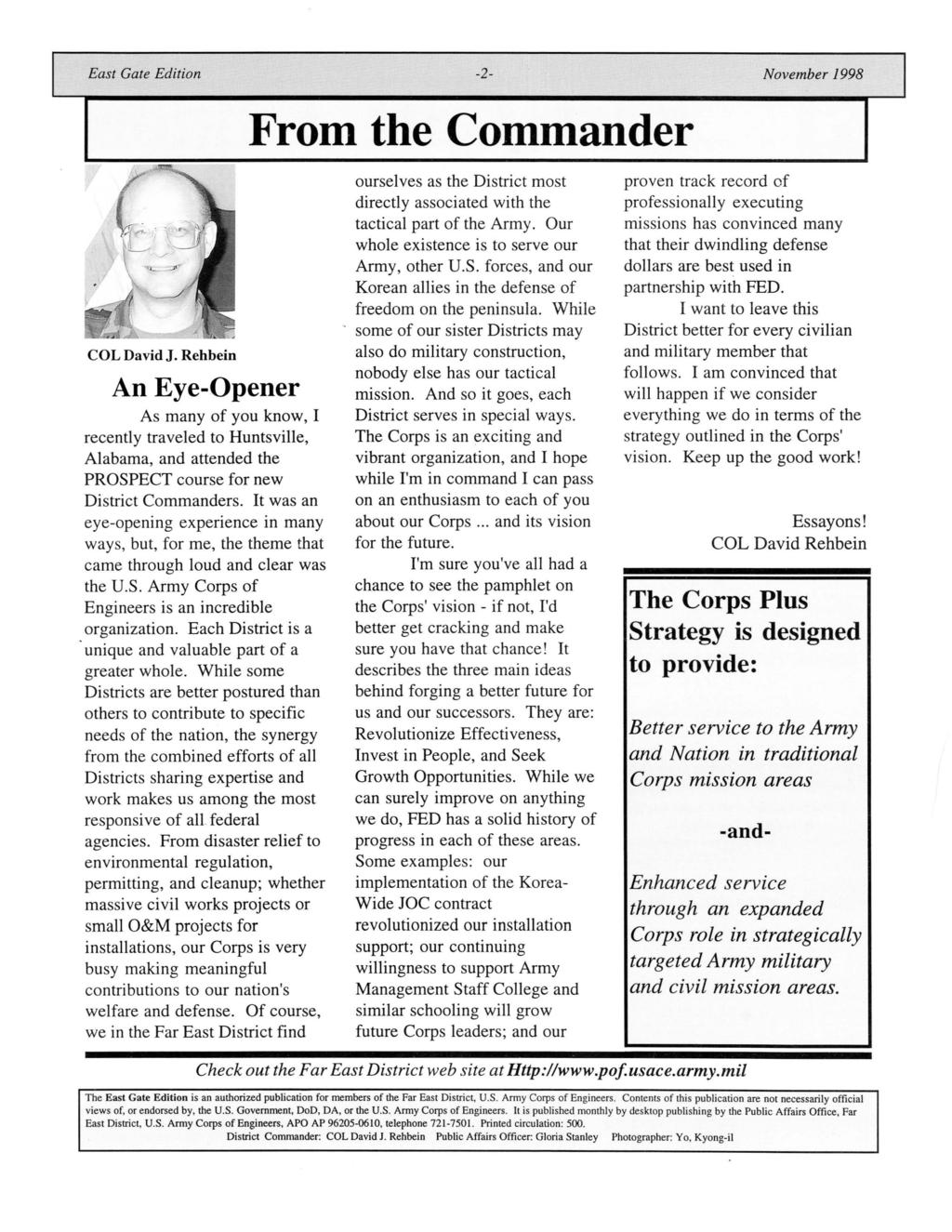 East Gate Edition -2- November 1998 From the Commander COL David J.