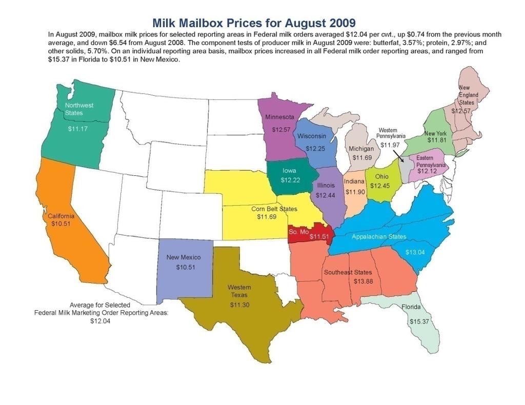 4 Figure 1b. Milk Mailbox Prices for August 2009 (6) These milk mailbox prices represent the net price that dairy producers received for milk sold in the given month/year.