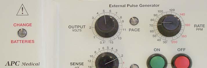 Output Adjusts the voltage of the pacing pulse Rate Adjusts the frequency of the pacing pulses Low Battery Indicator Output Indicator ON/OFF Switches