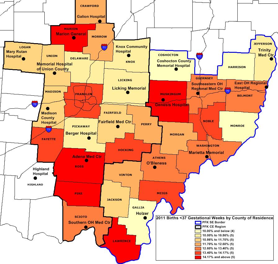 Source: ODH Birth Certificates Prematurity 88 Total Providers = OB Provider= 63 = Family Practice Provider= 17 Nurse Practioner or Midwife= 8 Map of 2011 Births <37 Gestational Weeks By County of