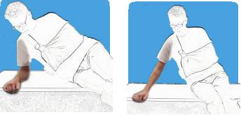 SHOULDER Side Sit Up Sitting on the edge of the bed, use your non-surgical arm to lower your head to your pillow, at the same time bringing your legs up onto the bed.