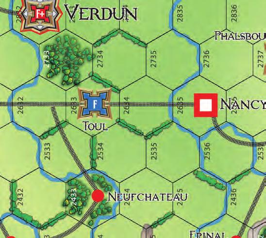 36 does next. The IV Cavalry Div. remains in Toul while this occurs, since it must spend two MPs to enter the forest in hex 2733, doing so on the fifth MP of the Coordinated Movement.
