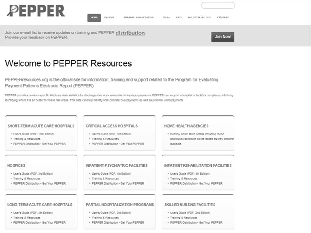 Pepper Resources website 3/17/2015 Hospices, LTCHs, Free standing SNFs, IRFs, PHPs PEPPER Resources Portal Visit PEPPERresources.