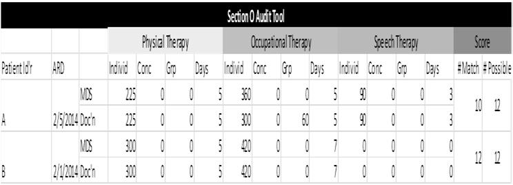 Section O Audit Tool 103 Target Therapy High ADL Description Proportion of days billed within episodes of care ending in the report period with RUG equal to RUX, RVX, RHX, RMX, RUC, RVC, RHC, RMC,