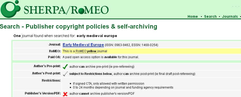 RCUK Gold route: example AHRC grant and you wish to publish in Early medieval Europe You Check