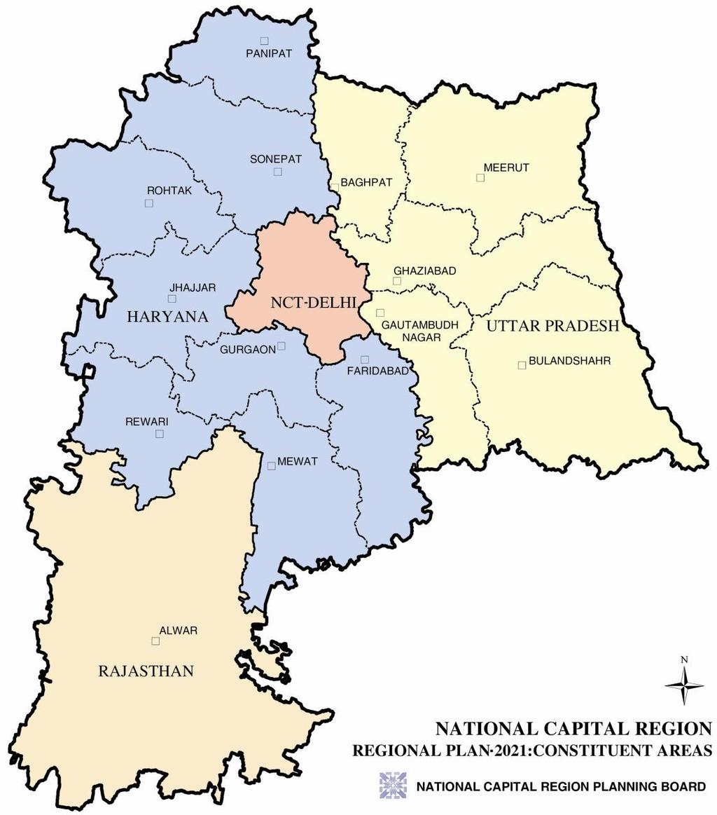 S. No. Constituent Area (in sq kms) 1. NCT-Delhi Sub-region 1,483 2. Sub-region 13,413 3. Rajasthan Sub-region 7,829 4.