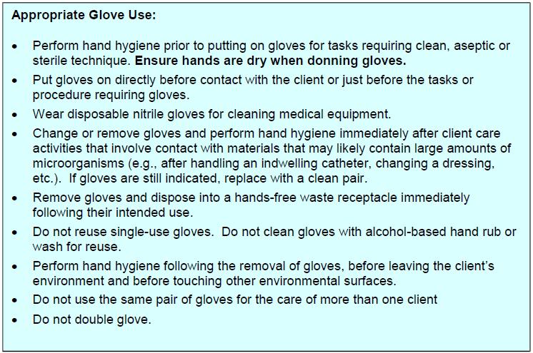1) Gloves The use of gloves is not a substitute for hand hygiene, but an additional measure of protection.