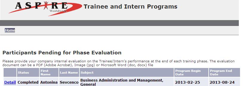 Training Phases Tab: Use to upload end of phase evaluations These are internal Host Company documents that detail the
