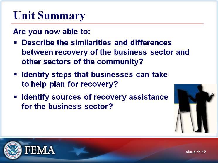 Unit Summary Visual 11.12 Are you now able to: Describe the similarities and differences between recovery of the business sector and other sectors of the community?