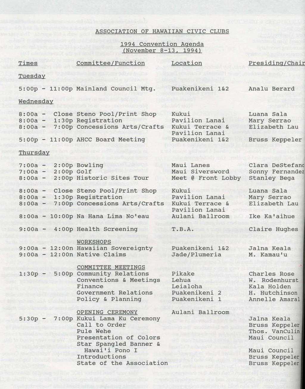 ASSOCIATION OF HAWAIIAN CIVIC CLUBS 1994 Convention Agenda (November 8-13. 1994) Times Committee/Function Location Presiding/Chair Tuesday 5:00p - 11:00p Mainland Council Mtg.