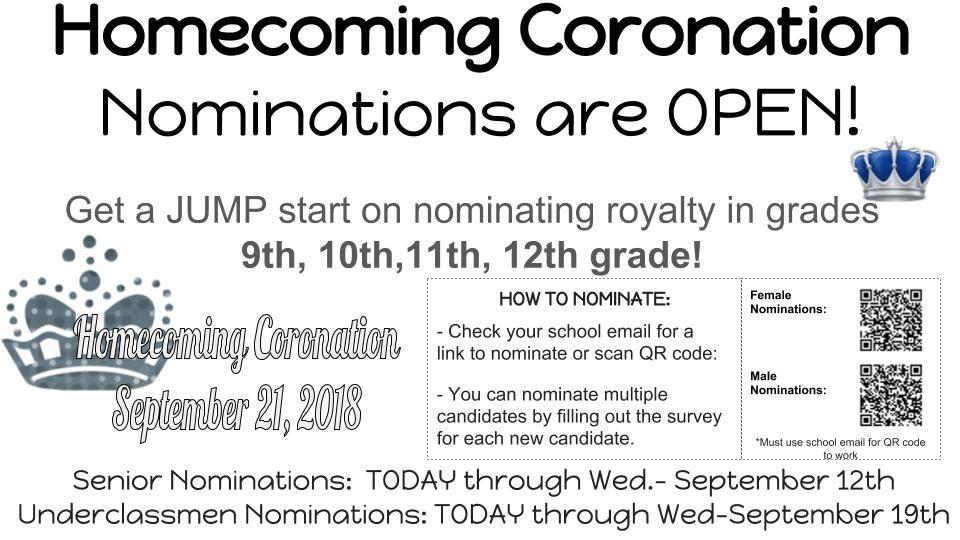 O Hello SFHS! It is time to Nominate your 2018 Homecoming Royal Court!