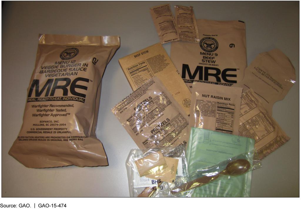 Figure 1: Meal Ready to Eat (MRE) and Contents Once field feeding can begin during a military operation, the military services seek to transition from MREs to other types of rations, such as group