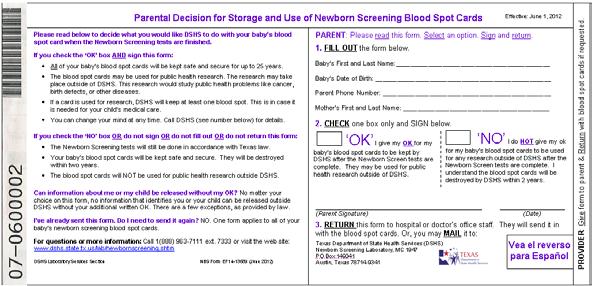 Parental Decision for Storage and Use of NBS Blood Spot Cards Explanation of Choices Forms without a signature or a