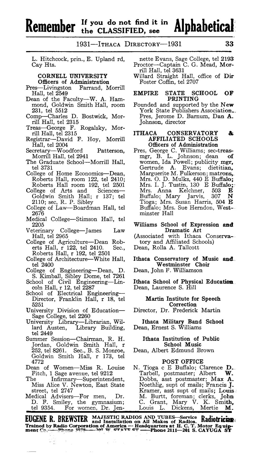1931-lTHAcA DIRECTORy-1931 33 L. Hitchcock, prin., E. Upland rd, Cay Hts. CORNELL UNIVERSITY Officers of Administration Pres-Livingston Farrand, Morrill Hall, tel 2549 Dean of the Faculty-W. A. Hammond, Goldwin Smith Hall, room 231, tel 5512 Comp-Charles D.