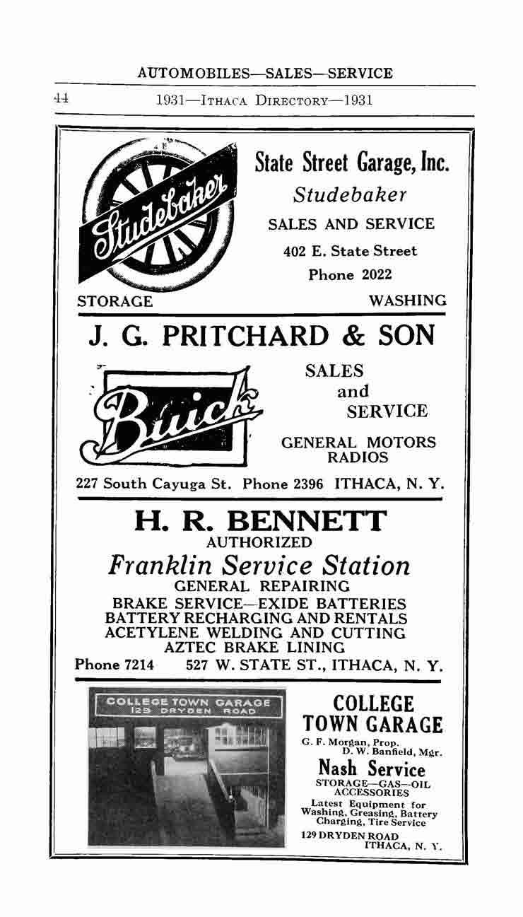 AUTOMOBILES-SALES-SERVICE 1931-lTHAC'A DIRECTORy-1931 STORAGE State Street Garage, Inc. Studebaker SALES AND SERVICE 402 E. State Street Phone 2022 WASHING J. G. PRITCHARD & SON SALES and SERVICE GENERAL MOTORS RADIOS 227 South Cayuga St.
