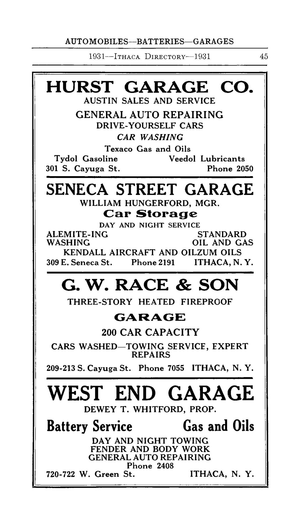 AUTOMOBILES-BATTERIES-GARAGES 1931-ITHACA DIRECTORY-1931 45 HURST GARAGE CO.