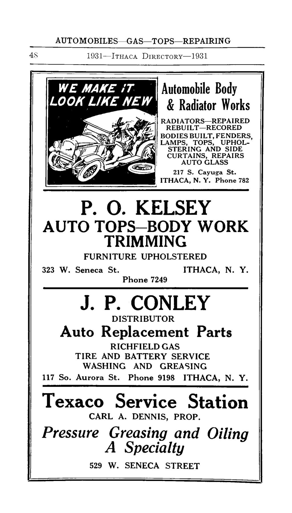 AUTOMOBILES-GAS-TOPS-REPAIRING 43 1931-lTHAcA DIRECTORy-1931 Automobile Body &Radiator Works! RADIATORS-REPAIRED REBUILT-RECORED ~~."'~-AI BODIES BUILT, FENDERS, ~~~~>tw~r.