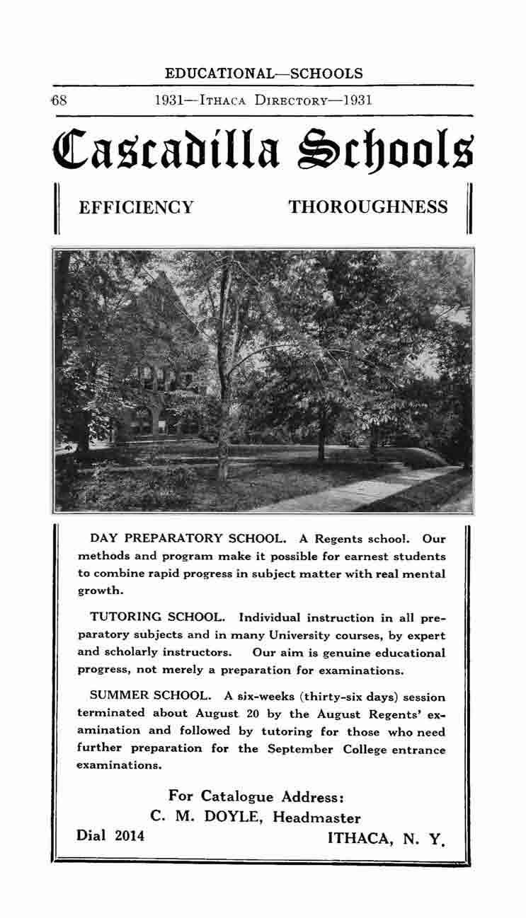 EDUCATIONAL-SCHOOLS -68 1931-lTHAcA DIRECTORy-1931 (!ascabilla ~cbools EFFICIENCY THOROUGHNESS I DAY PREPARATORY SCHOOL. A Regents school.